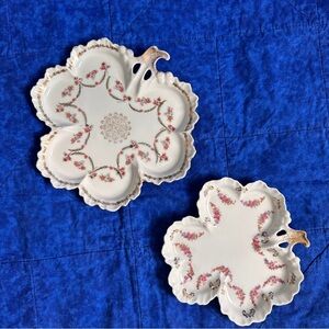 2 Antique Victorian Scallop Plates Leaf Shape Prussia/Germany Golden Floral